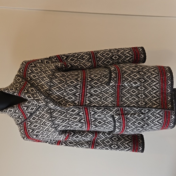 Geometric Shawl Collar Cardigan Sweater Grey Red Size Medium - Picture 2 of 10